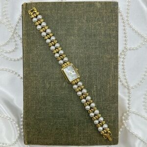 Gold Vintage Pearl Watch with Rectangular Mother of Pearl Dial